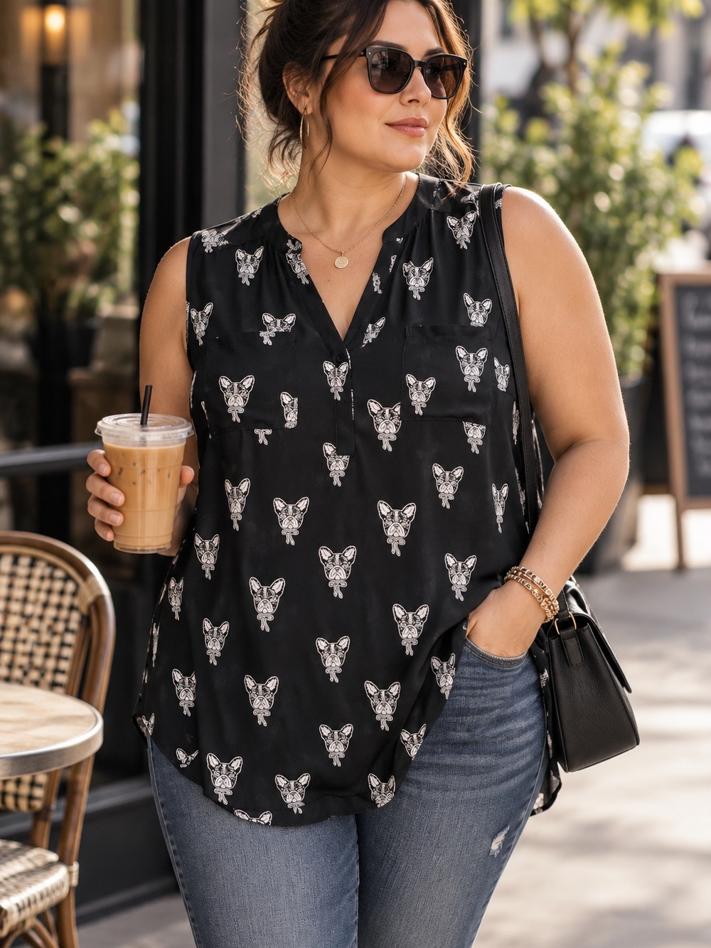 French Bulldog Print Sleeveless Blouse Torrid Harper 1 Black White *